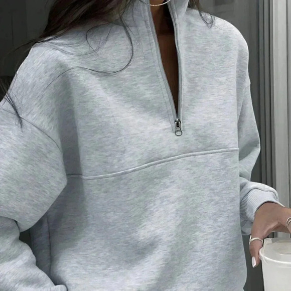 Grey Casual Women's Half Zipper Hoodie And Jogger Pants Two Piece Set - Picture 7 of 7